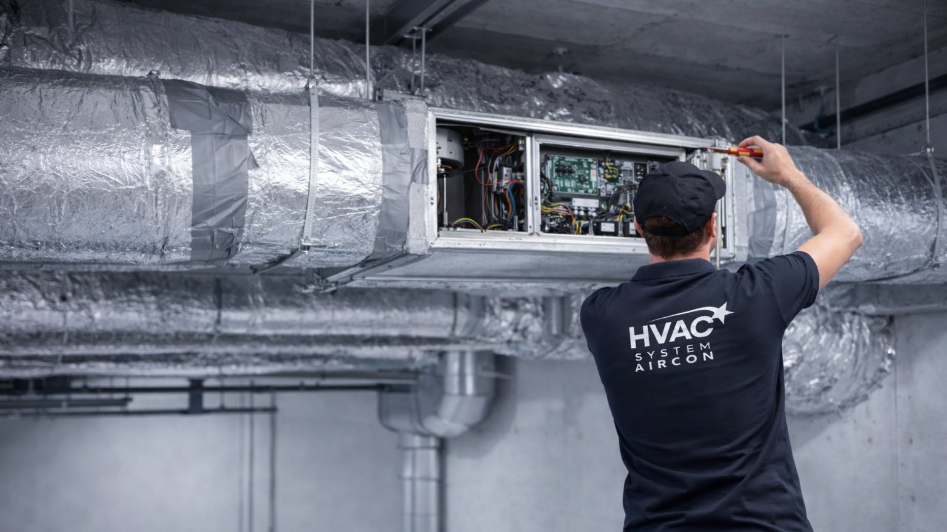 HVAC System Aircon technician servicing split AC indoor unit